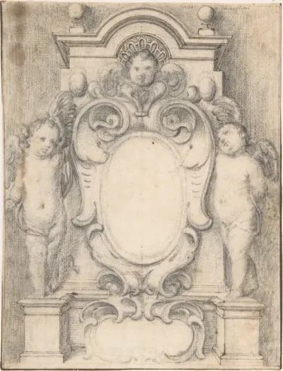 Cartouche between two cherubs on pedestals