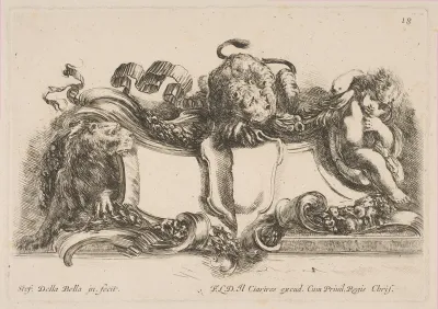 Cartouche Containing an Empty Shield Surmounted by a Lion and Framed by a Lion and a Child