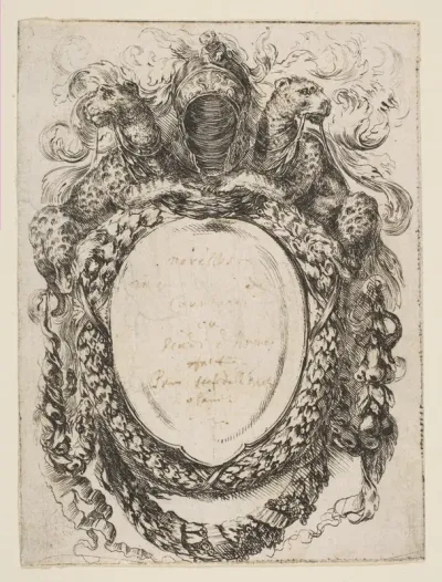 Cartouche Crowned by Helmet and Leopards