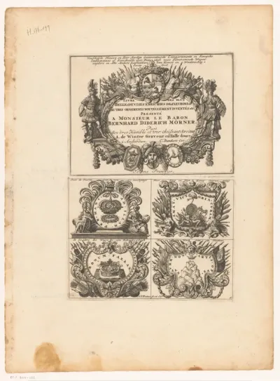 Cartouche en emblemata met kronen