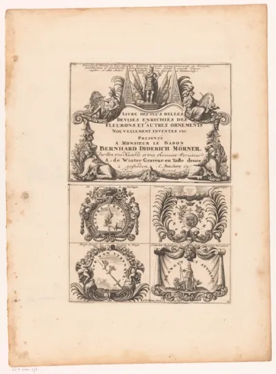 Cartouche en emblemata met valk en Minerva
