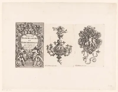 Cartouche en kroonluchter en kandelaar met Fama en Bacchanten