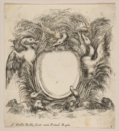 Cartouche Framed by Ducks and Weeds