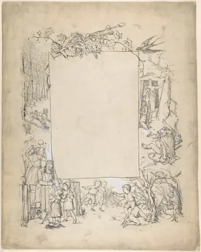 Cartouche framed with scenes of Christ leaving tomb and Easter Bunny