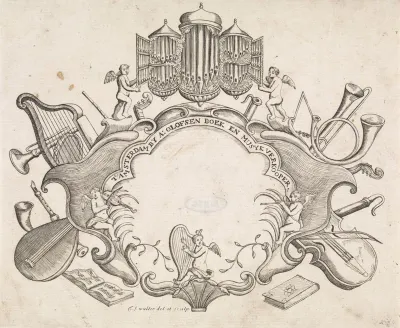 Cartouche gedecoreerd met muziekinstrumenten