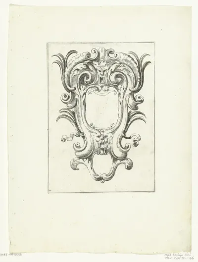 Cartouche gedecoreerd met twee maskers