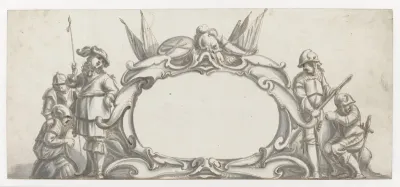 Cartouche geflankeerd door vijf soldaten