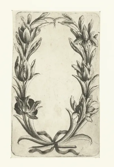 Cartouche gevormd door twee ranken met irissen en tulpen