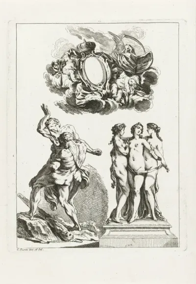 Cartouche, Hercules en Antaeus en de drie Gratiën, uit de "Oeuvre suivie"