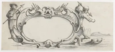 Cartouche met aan weerskanten een jager