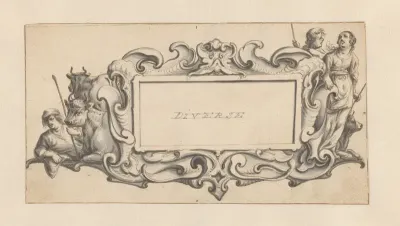 Cartouche met aan weerskanten herders en koeien