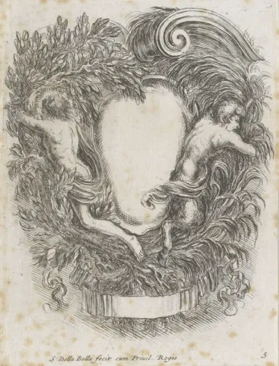 Cartouche met Apollo in laurierstruik en Pan tussen het riet