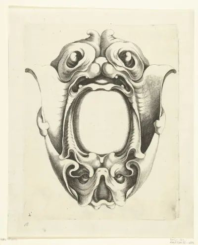 Cartouche met bovenaan en onderaan een masker