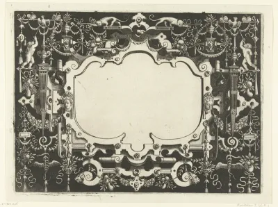 Cartouche met bovenop twee apen met een guirlande