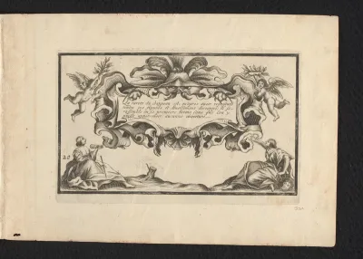 Cartouche met concluderende tekst, geflankeerd door de personificaties van Schilderkunst en Meetkunde