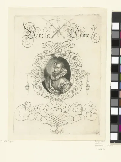 Cartouche met daarin een zelfportret van Boissens