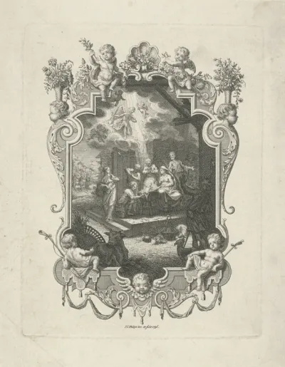 Cartouche met de aanbidding door de herders