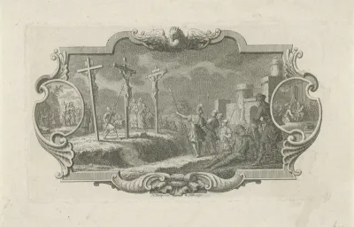 Cartouche met de kruisiging van Christus
