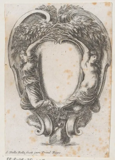 Cartouche met een eend en twee nimfen waarvan de armen tot takken vergroeid zijn