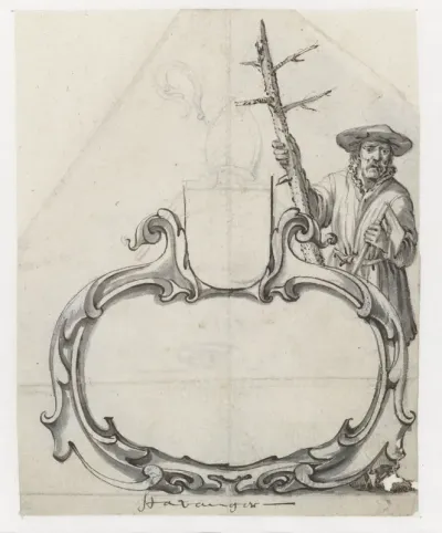 Cartouche met een man met een dennenstam