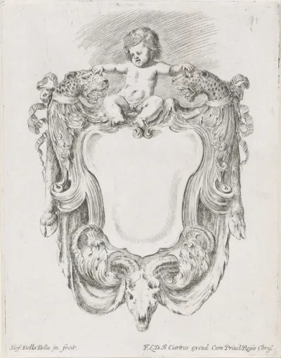 Cartouche met een putto, twee panterkoppen en een schedel van een ram