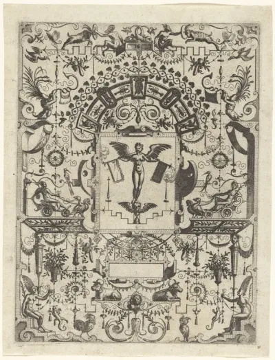 Cartouche met Fama die blaast op twee bazuinen
