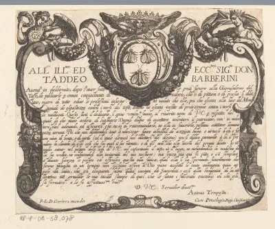 Cartouche met gekroond wapenschild en opdracht aan Taddeo Barberini