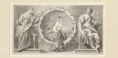 Cartouche met gelauwerde man en vrouw