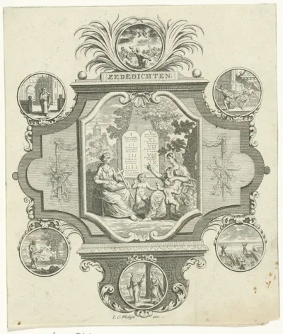 Cartouche met Geloof en Liefde bij de tien geboden