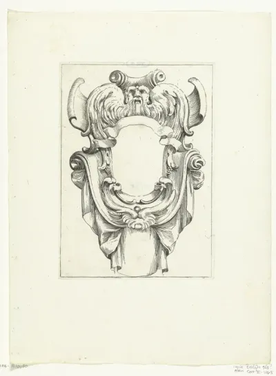 Cartouche met gevleugeld masker en draperieën