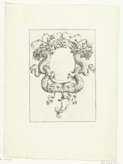 Cartouche met gevleugeld masker en twee vissen