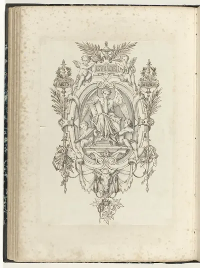 Cartouche met gevleugelde vrouw en twee lezende kinderen