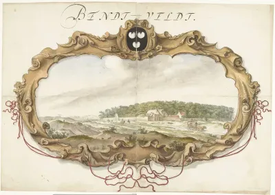 Cartouche met gezicht op het buitengoed Bentveld
