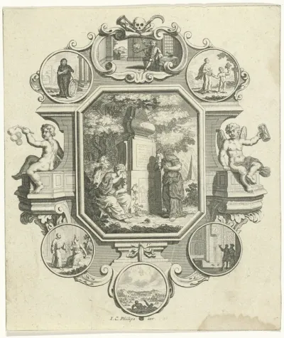 Cartouche met graftombe in een landschap