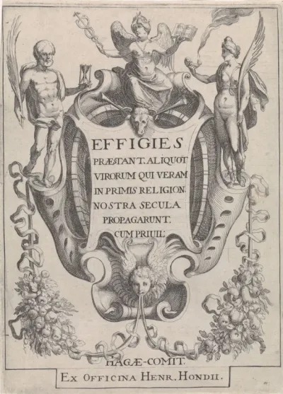 Cartouche met guirlandes en figuren