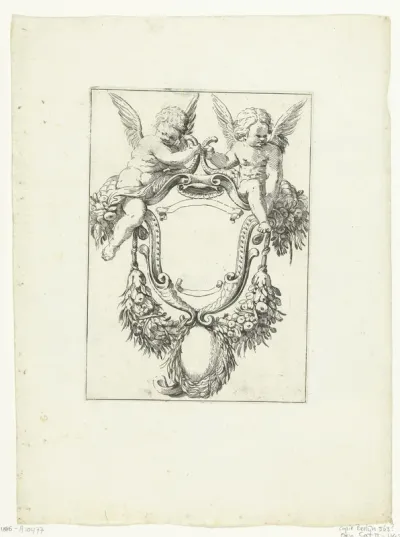 Cartouche met guirlandes en twee zittende putti