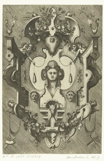 Cartouche met het hoofd van een vrouw die drie schelpen in haar haar draagt