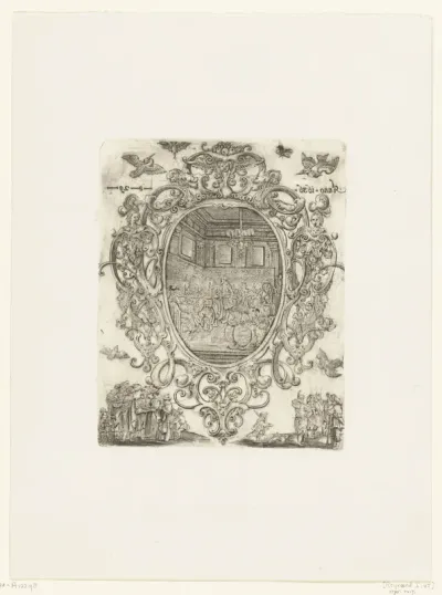 Cartouche met hoofden, cherubijnen en maskers