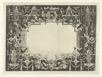 Cartouche met in beide bovenhoeken een rond tempeltje