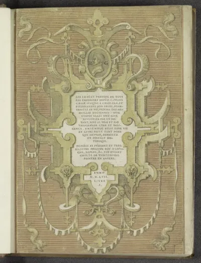 Cartouche met in de omlijsting het portret van Hubert Goltzius