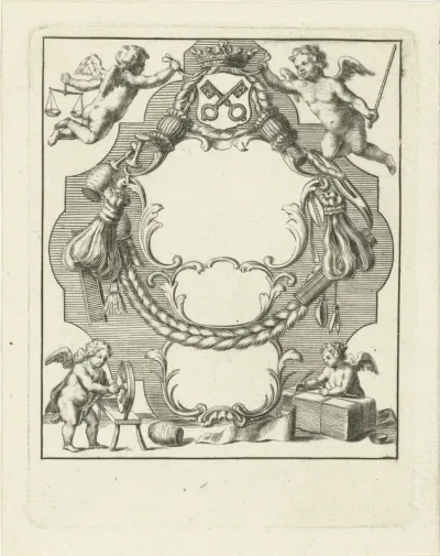 Cartouche met kleine engelen en materialen uit wolindustrie