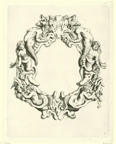 Cartouche met kwabornament, aan beide zijden de torso van een zeemeermin