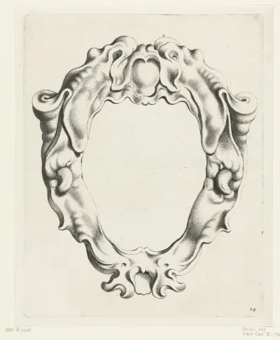 Cartouche met kwabornament, boven en onder een masker met gapende mond