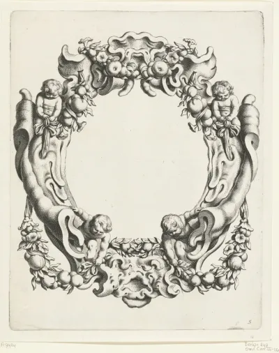 Cartouche met kwabornament, boven en onder een masker