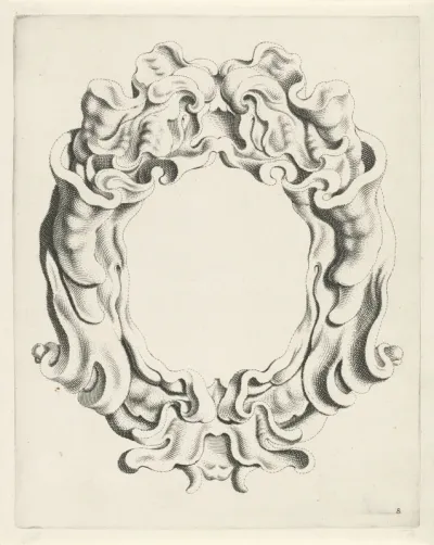 Cartouche met kwabornament, bovenaan een masker met open mond