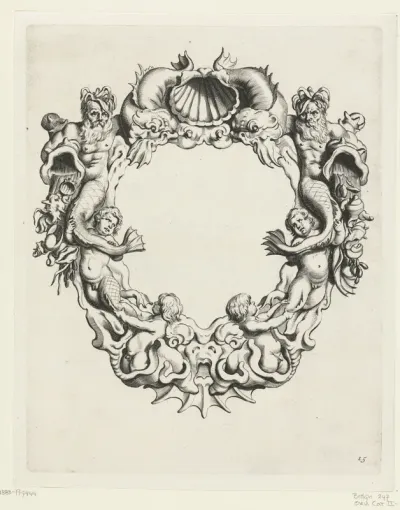Cartouche met kwabornament, bovenaan een schelp geflankeerd door dolfijnen