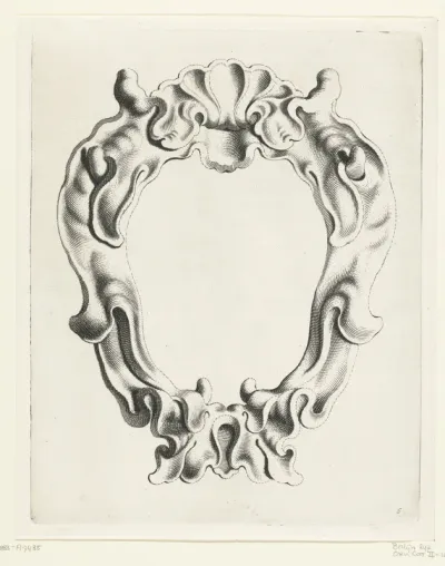 Cartouche met kwabornament, bovenaan een schelpvorm