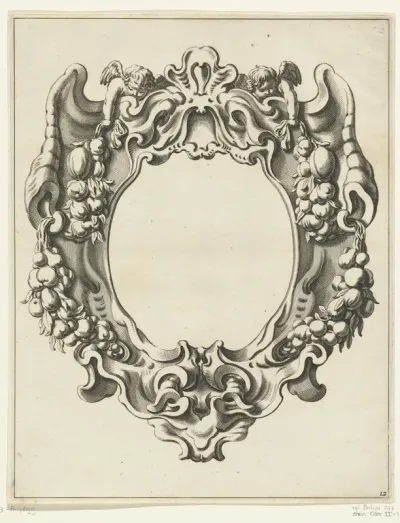 Cartouche met kwabornament, bovenaan twee engeltjes