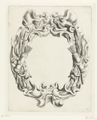 Cartouche met kwabornament met jachttrofeeën