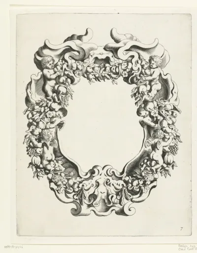 Cartouche met kwabornament met twee putti en vier engeltjes